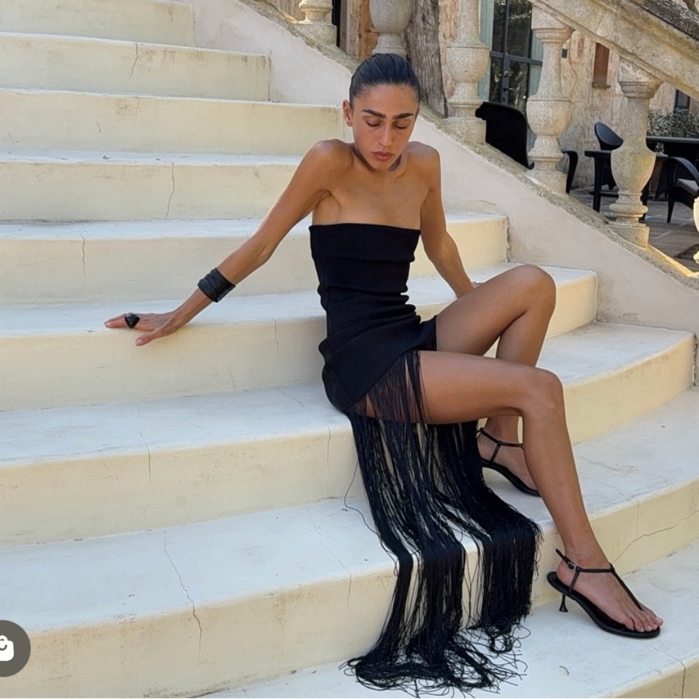 Meshki Black Strapless Dress with Fringe Detail